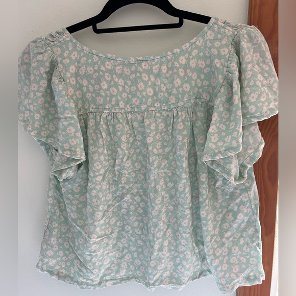 AE Green Floral Button Scoop Neck Short Sleeve Top - Picture 5 of 7